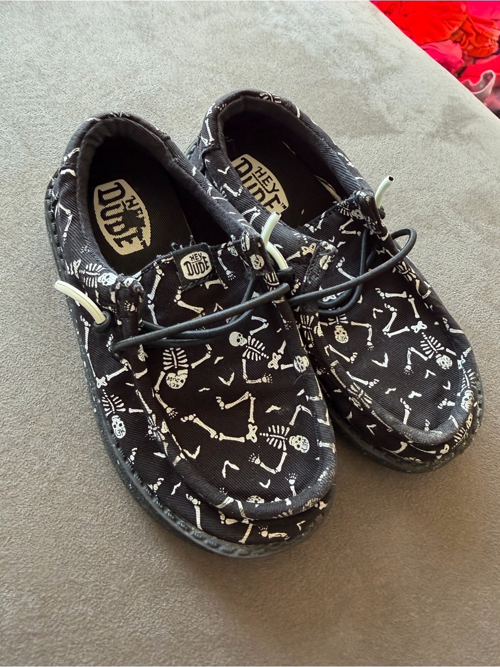 Hey Dude kids Black Slip-On Boat Shoes with White Skeleton Print Halloween
